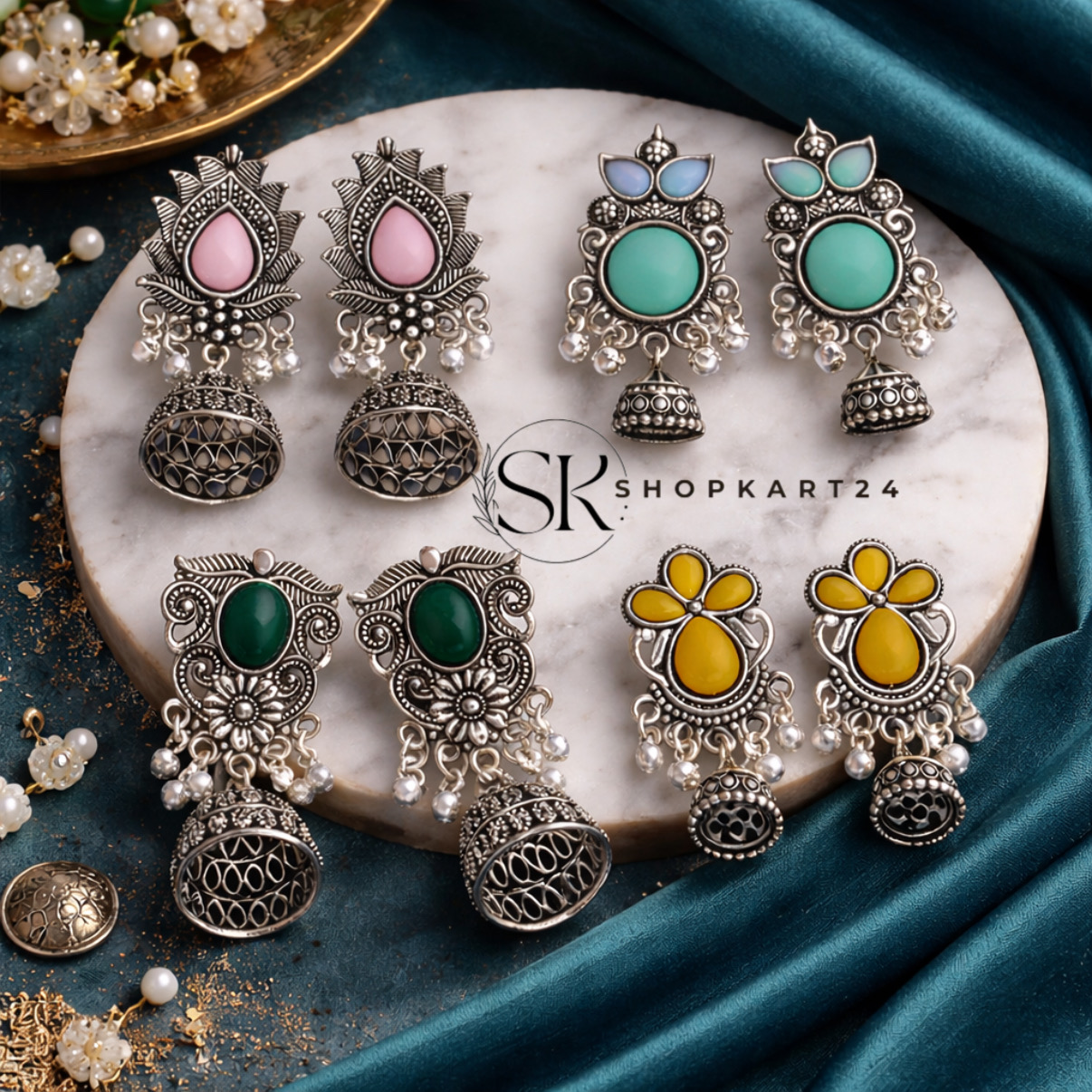 Oxidised Jhumki Earrings Combo Set – 4 Pair Traditional Stone Studded Earrings for Women | Shopkart24